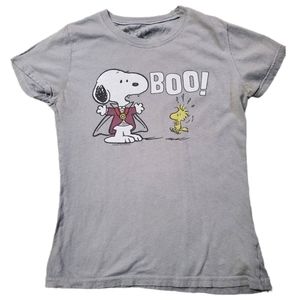 BOO! Snoopy and Woodstock Size Medium Grey Short Sleeve Halloween  Graphic Tee